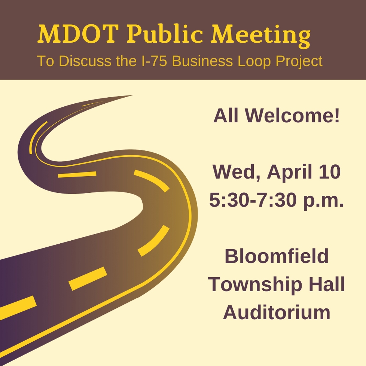 Featured image of MDOT Public Meeting on April 10, 2024 at Bloomfield Township Auditorium