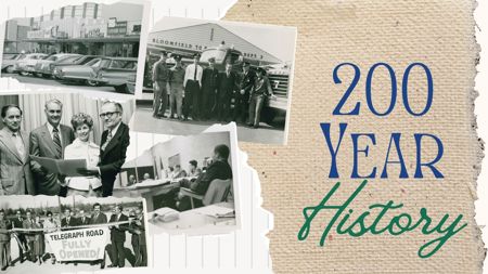 Old snapshots of Township scenes such as board meetings, fire department, vehicles, road signs and staff with title 200 Year History