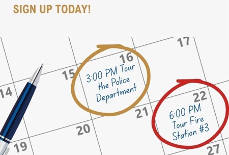 A calendar with appointments written on dates for Police Department and Fire Station Tours